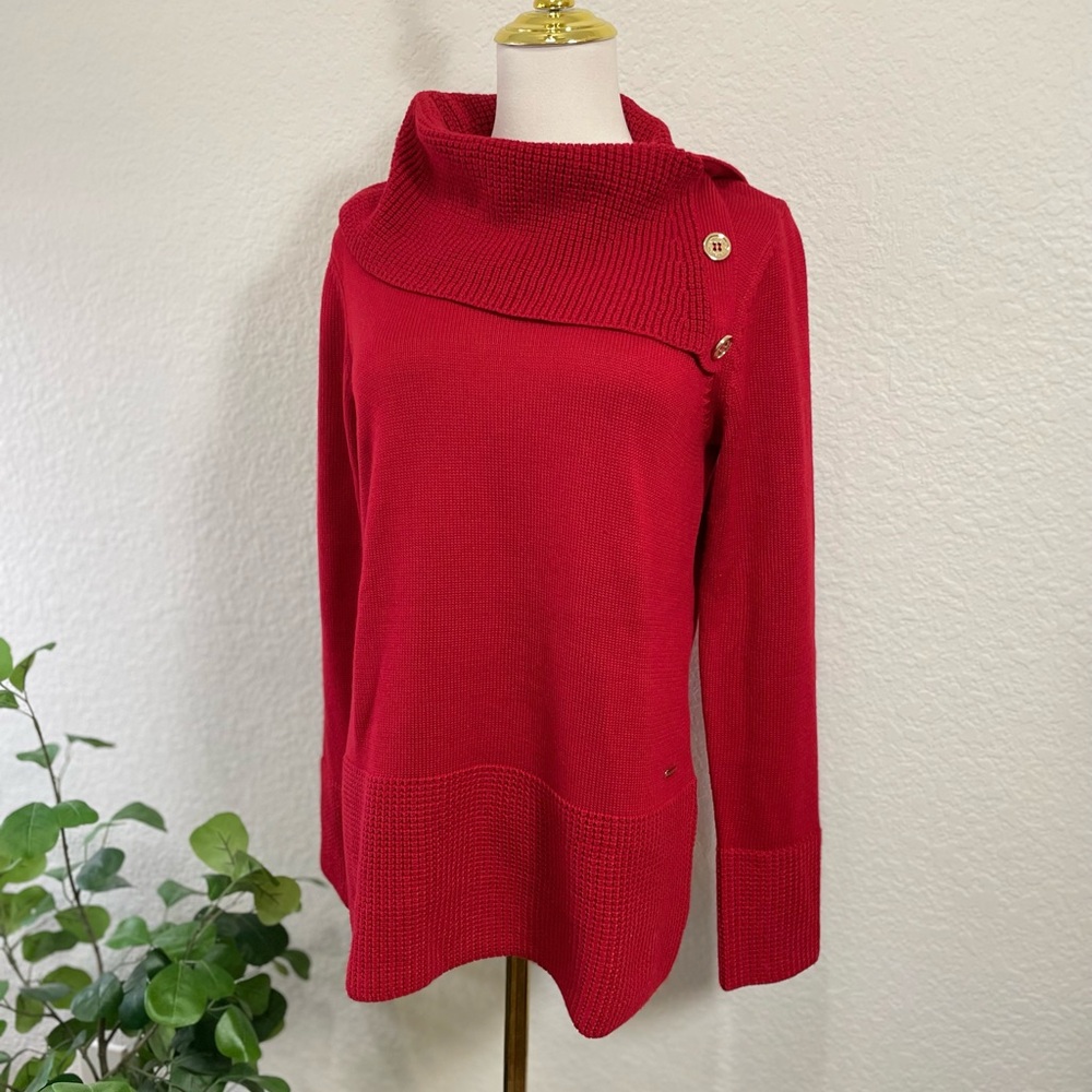 Calvin Klein Red Asymmetrical Button Collar Sweater